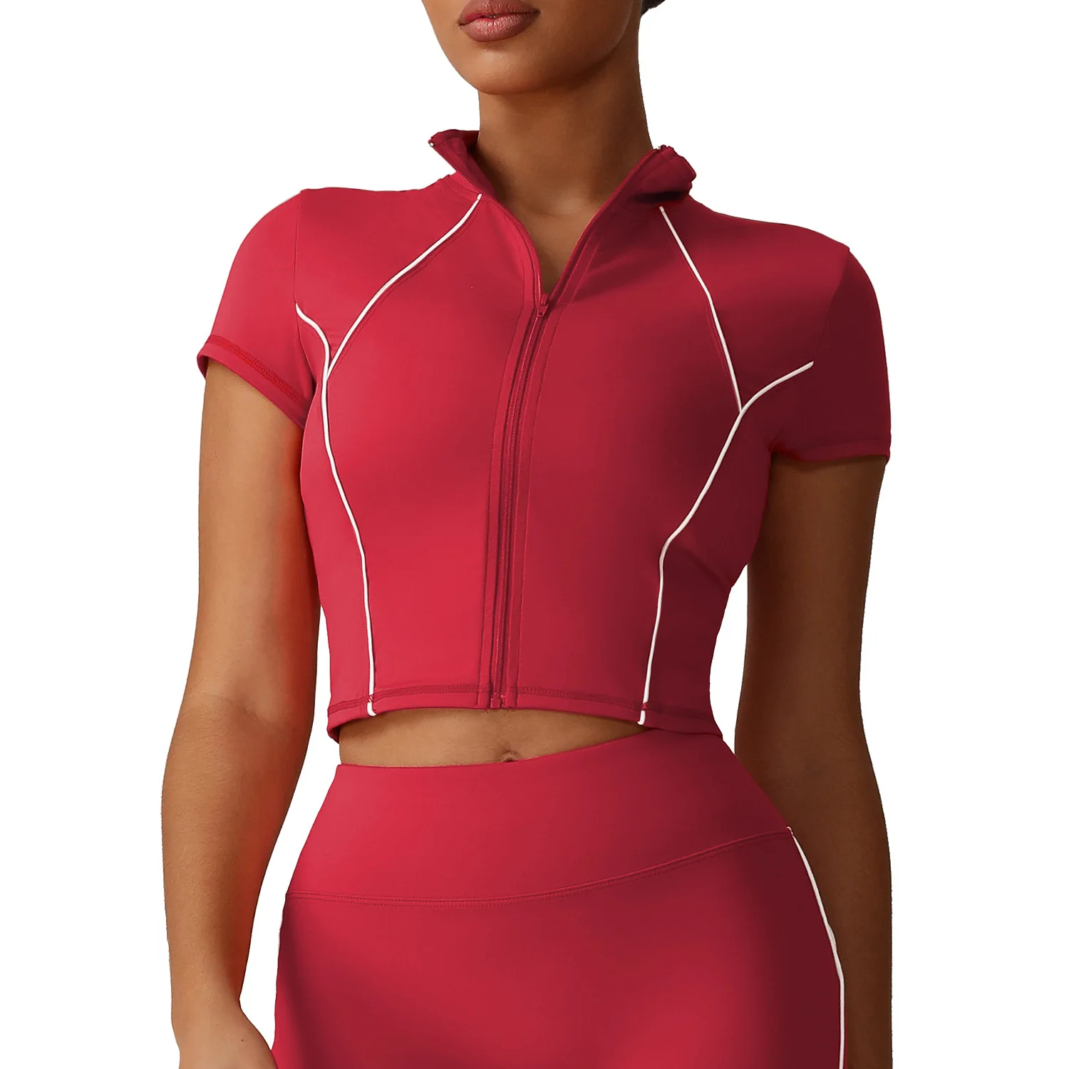 Mileegirl كامل البريدي النساء اليوغا قمصان الوقوف طوق الرياضة المحاصيل القمم قصيرة الأكمام عالية مطاطا رياضة سترة لياقة بدنية تجريب سترة