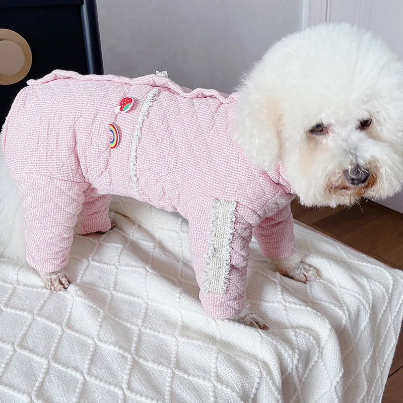 Pet Dog Jumpsuit Warm 100%Cotton Puppy Clothes Thicken Fleece Lined High Neck Pajamas Protect Belly Overalls For Small Dogs Coat