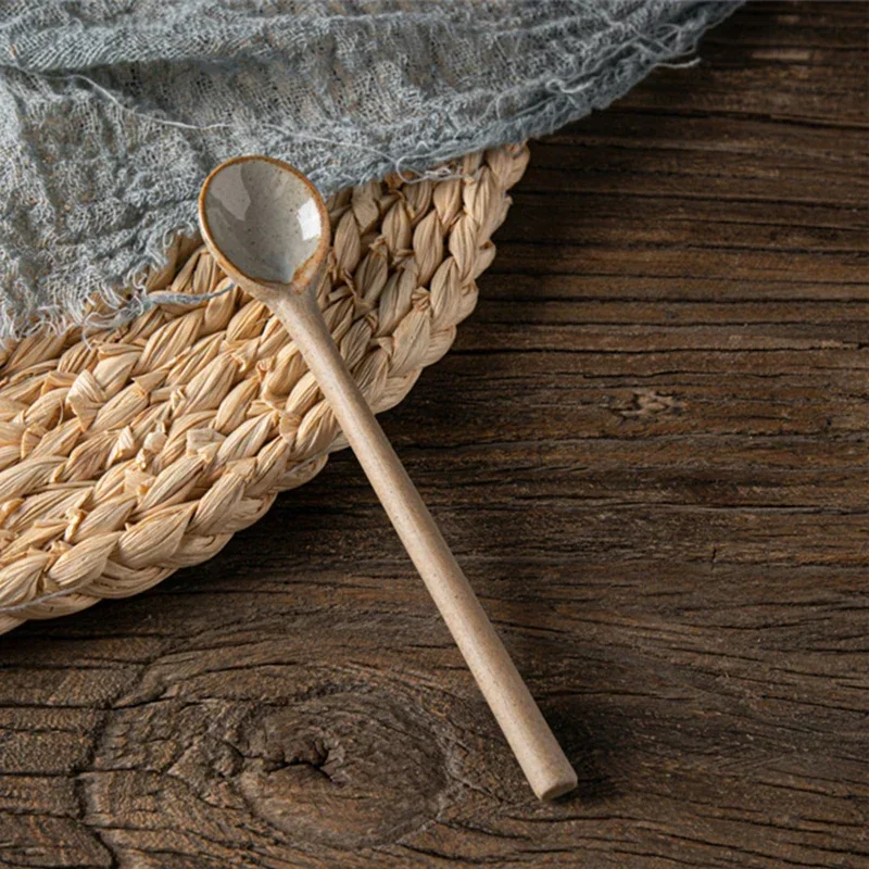 Japanese Style Handmade Retro Coffee Spoon, Ceramic Scoop, Long Handled Rough Pottery Soup, Household Kitchen Accessories Spoon