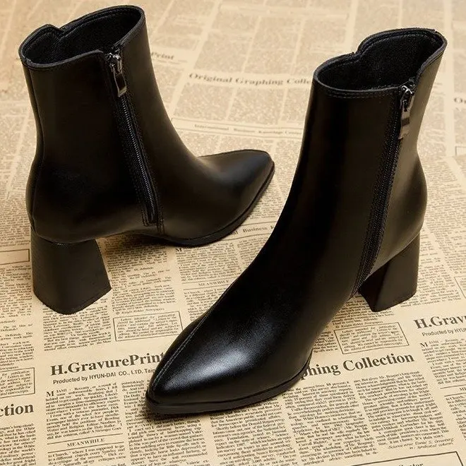 Women\'s Ankle Boots For hick Heel Spring and Autumn Single Boots 2022 New Pointed High Heels 7CM Nude Shoes Mid-heel fashion