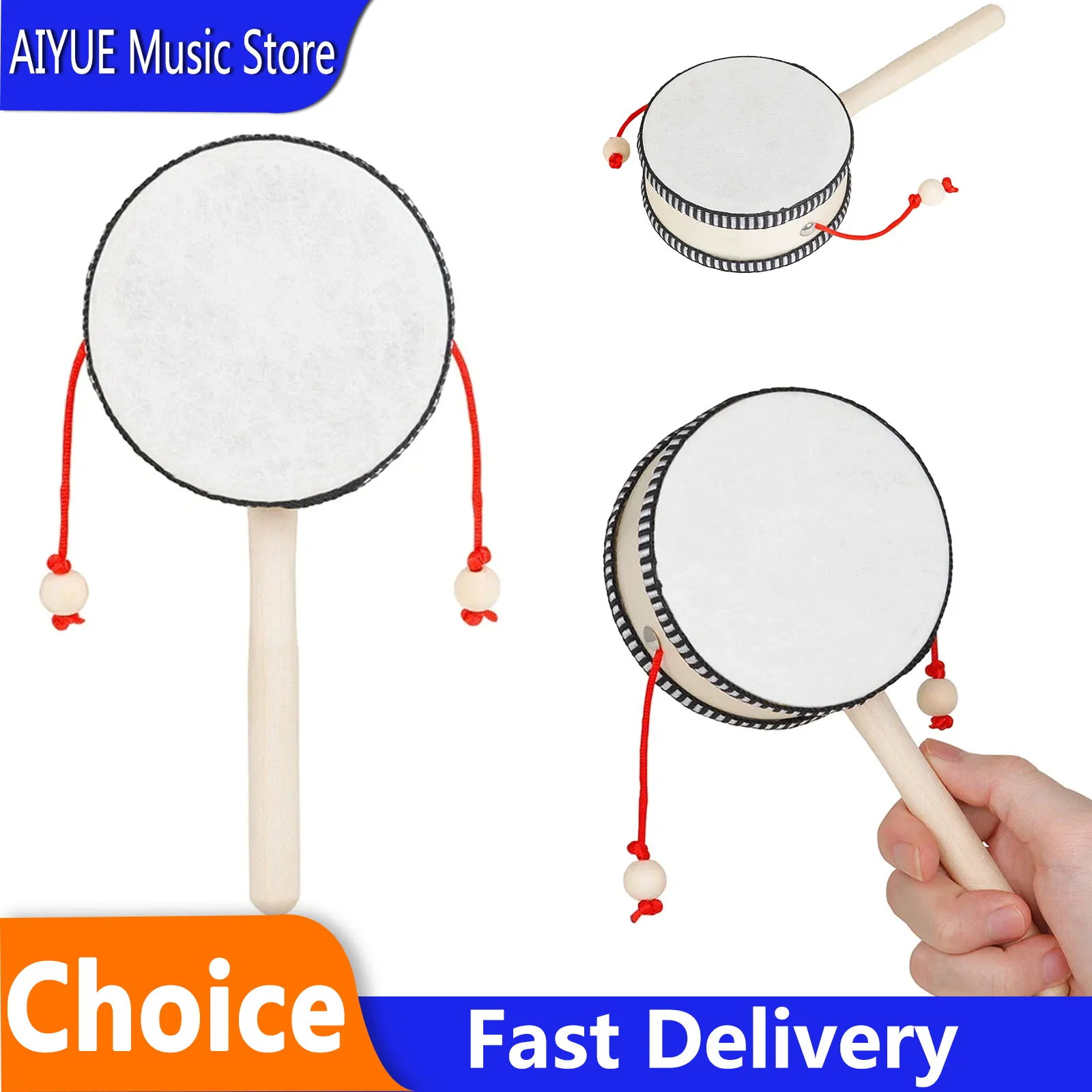 4 Inch Rattle Hand Shake Wooden Black Side Drum Childhood Classic Traditional Rattle Children Gifts Orff Musical Instrument