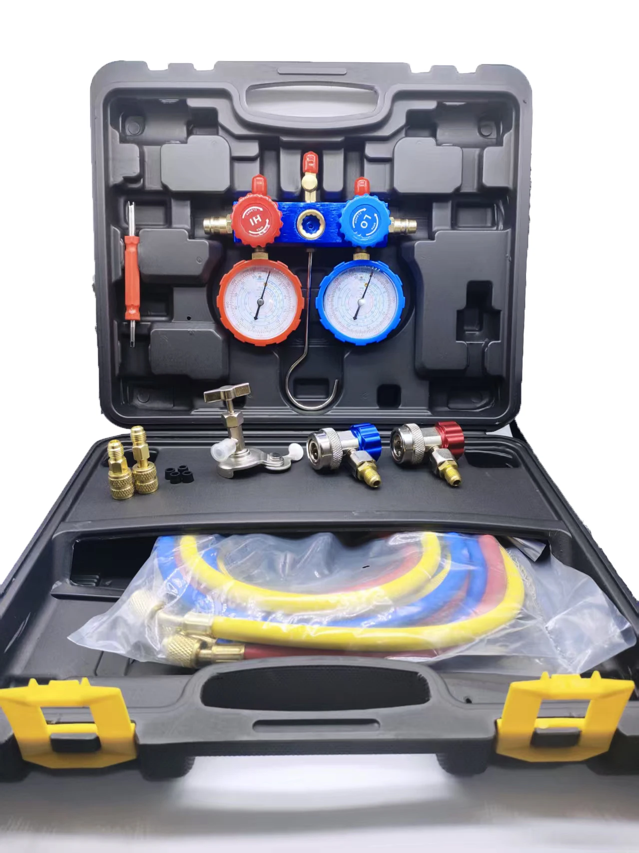 Caja de almacenamiento del Kit de manguera del colector de presión de refrigerante, aire acondicionado de coche R22 R-410A R-134a R-404A