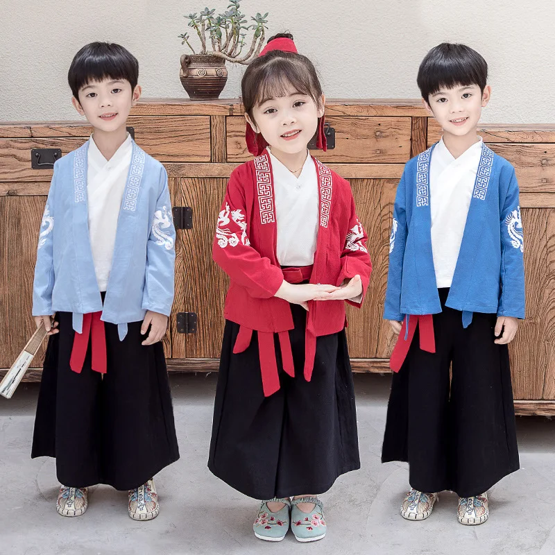 New Retro Red Boy And Girl Chinese Style Traditional Hanfu Embroidery Dragon Phoenix Tang Suit Three Piece Set Role Play Costum