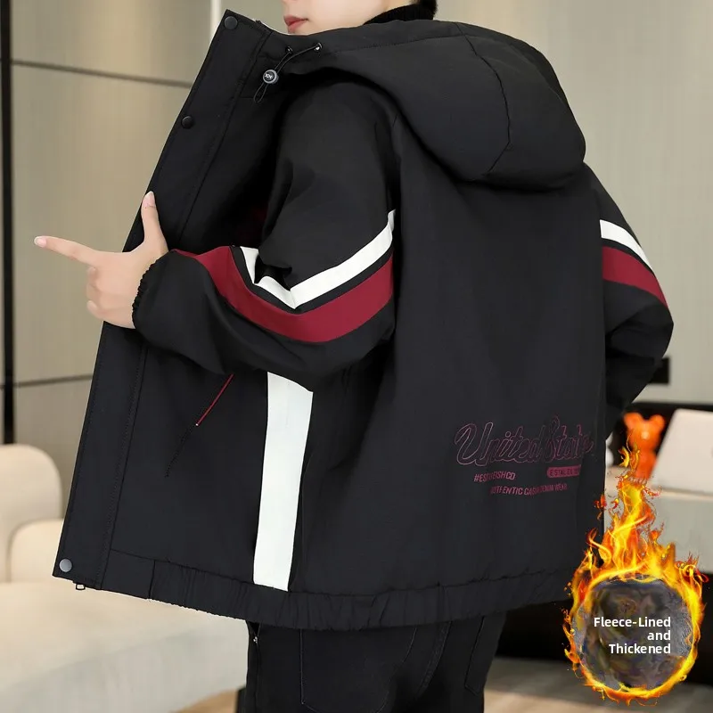 

Утепленная флисовая куртка с капюшоном для мужчин, зимняя повседневная новинка 2026 года, модная верхняя одежда в стиле колор-блок, теплая хлопковая одежда, высококачественная модель.