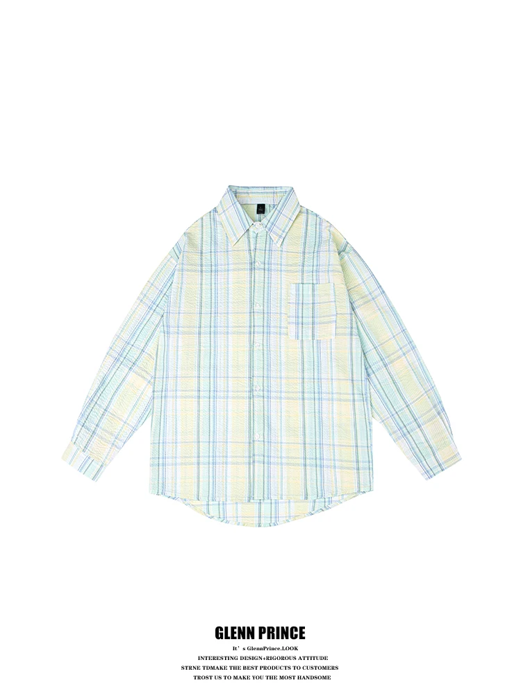 

GPstudio Men's Long Sleeve Shirt Bubble Texture Mint Green Plaid Slim Fit Autumn Spring Lightweight Elegant Cotton Polyester ...