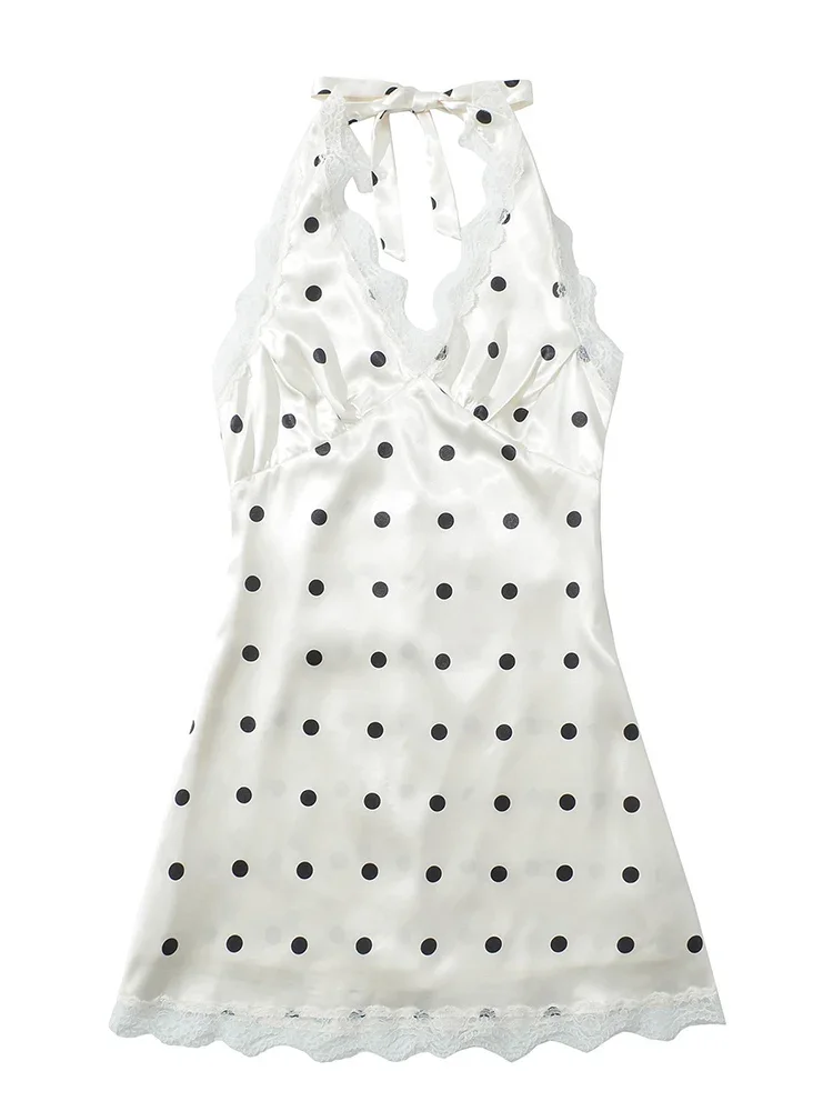 Sem costas sexy vestido de cetim feminino halter amarrar rendas vestido de verão novo na praia festa curto vestido de verão primavera bolinhas vestidos 2025