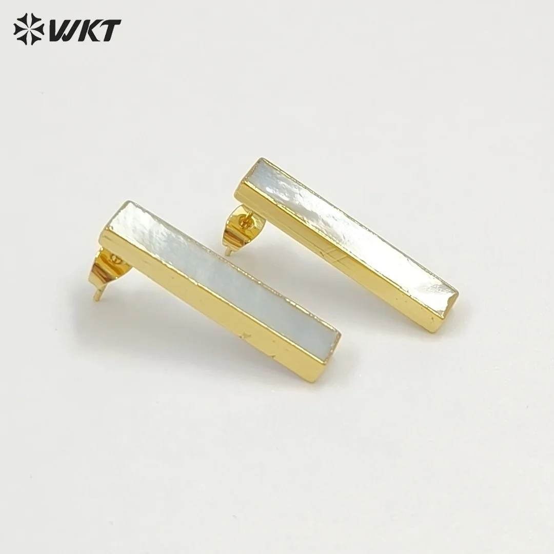 WT-E333 Long Rectangular Shape Natural Shell With 18k Gold Plated Earrings Studs For Women Simple Daily Accessories