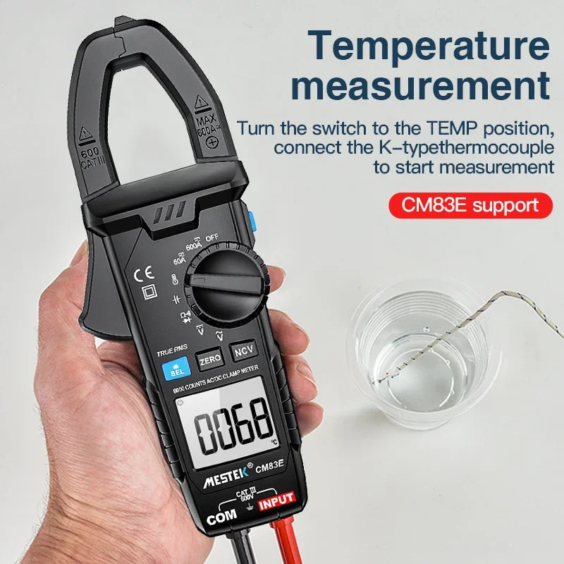 Mestek DC/AC prąd cyfrowy miernik cęgowy CM83E 6000 liczy 600A Amp multimetr duży kolorowy ekran Tester napięcia Hz NCV Ohm