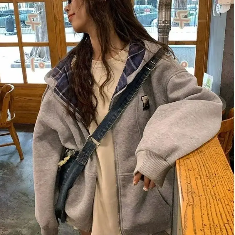 

2024 autumn Korean style plaid zip up hoodie women hooded thick coat jacket for woman