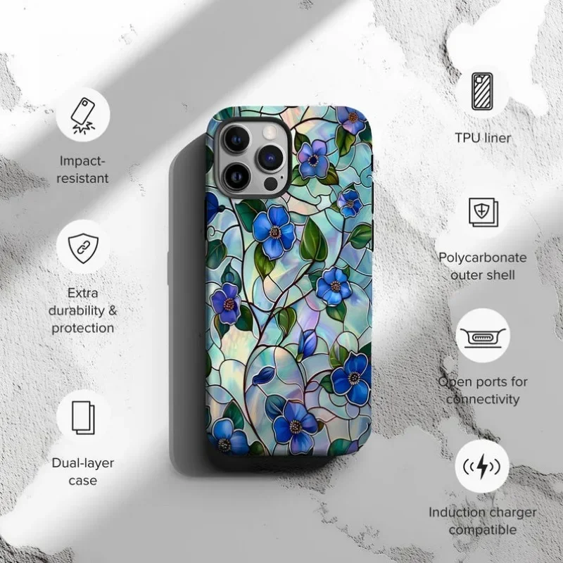 Blue Floral Vine Stained Glass Phone Case For IPHONE 16 15PRO MAX 14 13 12 11 Acrylic TPU Two in one magnetic Phone Cases