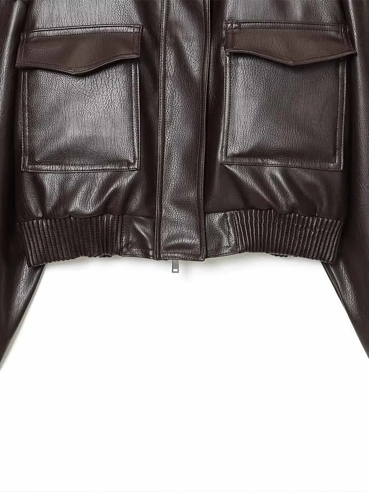 Stile europeo e americano autunno nuova moda abbigliamento da donna versatile giacca a maniche lunghe in similpelle lucida con colletto alla coreana