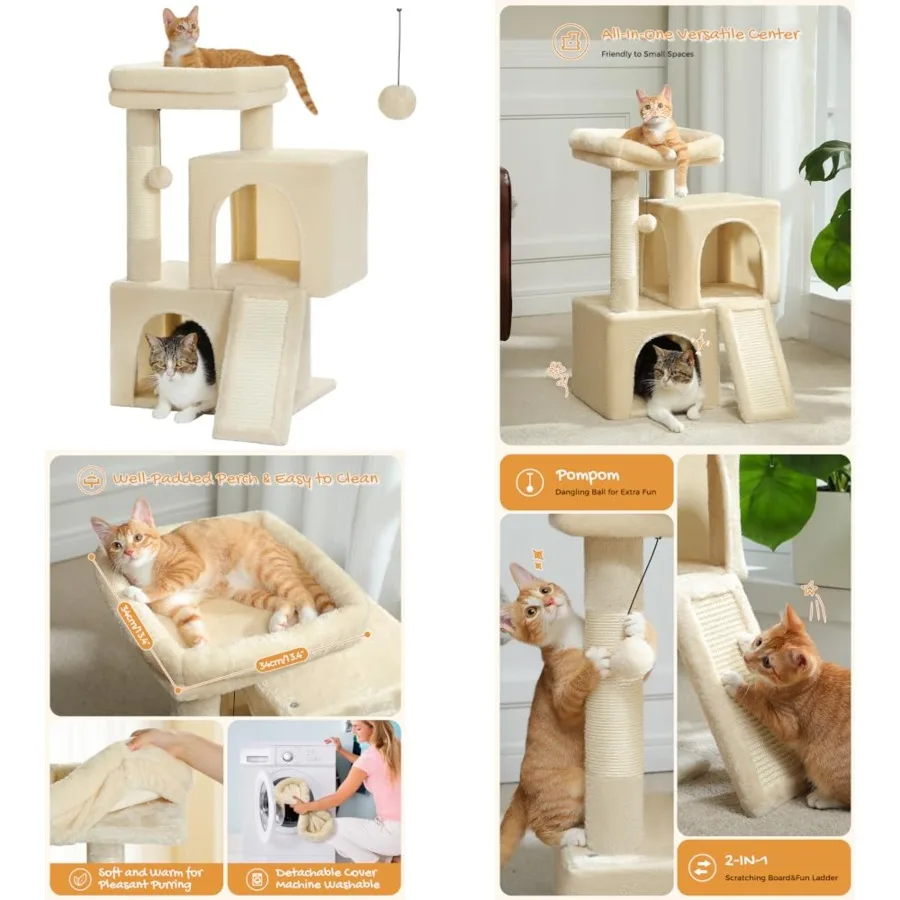 

Cat Tree, Cat Tower with Dual Condos for Indoor Cats, Plush Cat House with Padded Perch, Scratching Ramp and Posts and Replacea