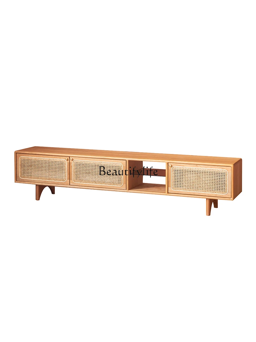 

Solid Wood Retro Storage TV Cabinet Simple Rattan Living Room TV Stand Coffee Table