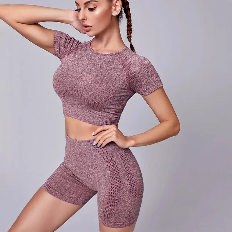 Women Seamless Yoga Outfits 2 Piece Set Workout Gym Shorts + Short Sleeve Crop Top