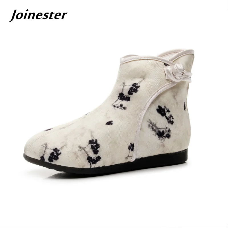 

Vintage Style Embroidered Canvas Ankle Boots with Traditional Button Height Increasing Short Booties Comfortable Ladies Footwear