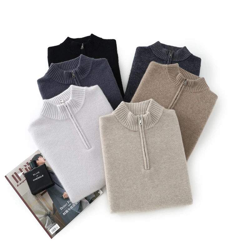 

Высокое качество, мужской зимний толстый 100% кашемировый свитер, пуловер на молнии с воротником-стойкой, умный повседневный кашемировый трикотаж, мягкая теплая одежда