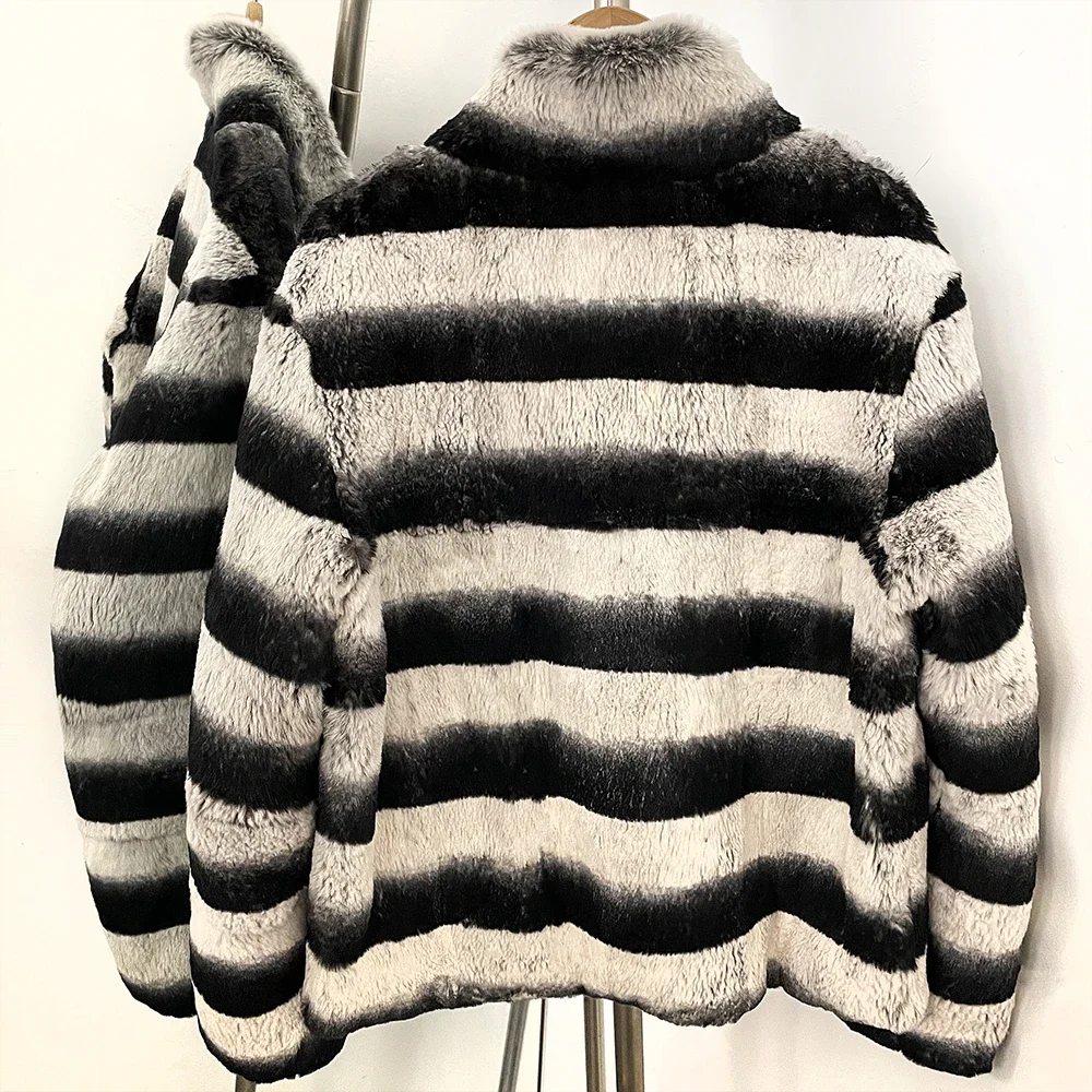 OFTBUY Stand Collar Natural Rabbit Fur Winter Jacket Female New Short Clothes Women Black White Striped Real Rabbit Fur Coat