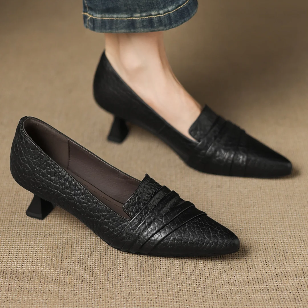 

Women's cow leather pleated pointed toe slip-on pumps elegant ladies 5cm thin high heel OL style daily slim dress heels shoes 40