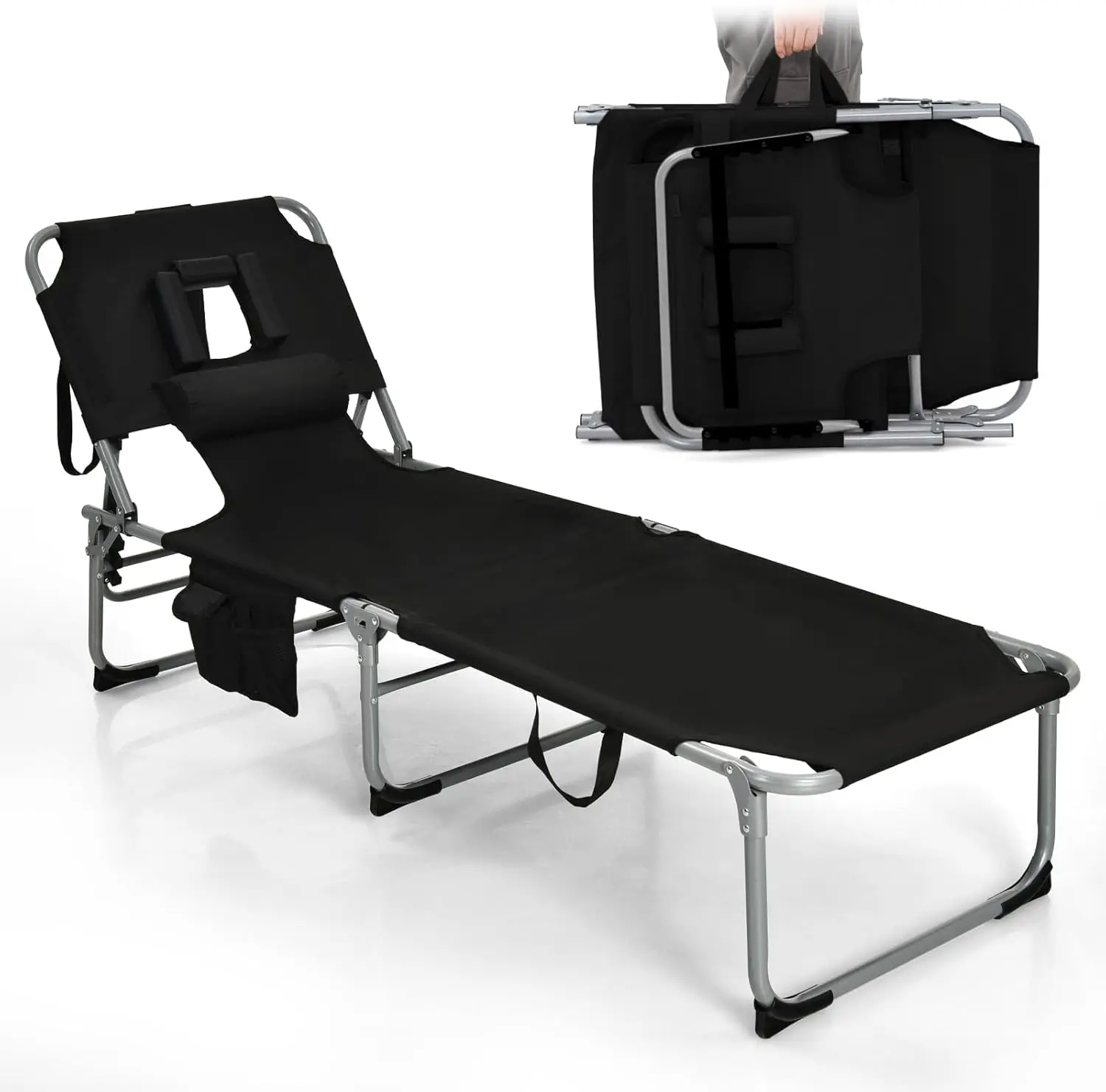 

Tanning Chair, Folding Adjustable Patio Lounge Chair with Face Hole,Removable Pillow,330LBS,Carry Strap,Outdoor Sunbathing Chair