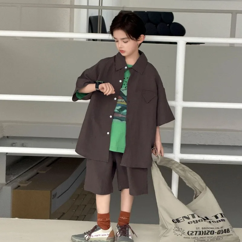 Boys' Shirt Set, Summer Thin Two-piece Set, Children's Loose Short-sleeved Shirt Collar Top, Korean Style, Cool Shorts, 2026