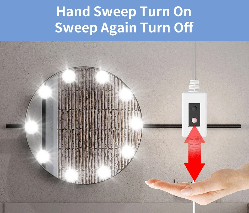2Pcs Hollywood Hand Sweep Makeup Mirror Light 5V Stepless Dimmable Dressing Table Bathroom Wall Lamp USB Make Up Vanity Lighting