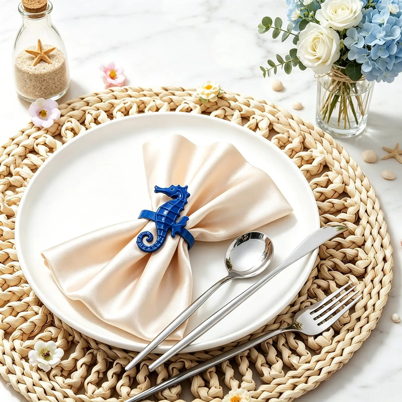Dvianna 6/8Pcs Blue Seahorse Napkin Rings Alloy Nautical Napkin Holders for Coastal Wedding Table Decor