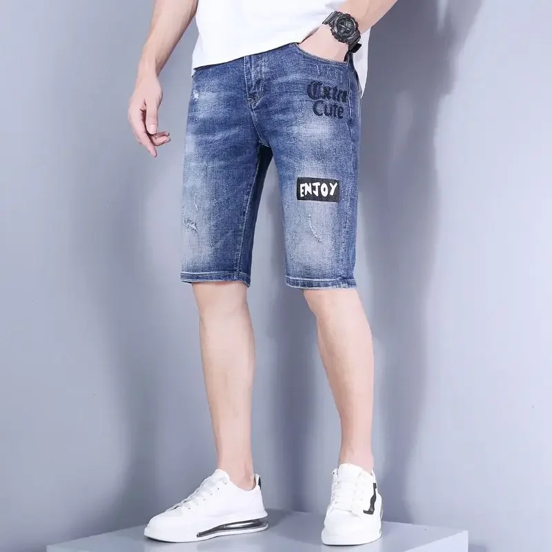 Man Denim Shorts Stretch Drawstring Ripped with Pockets Short Jeans Pants for Men Luxury Original Trend 2024 Rude Streetwear Emo