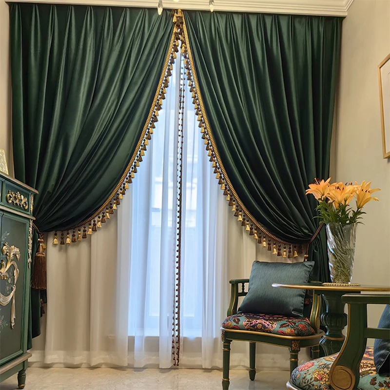 

Retro dark green decorative curtains tassel edge versatile European style light luxury simple living room bedroom curtains