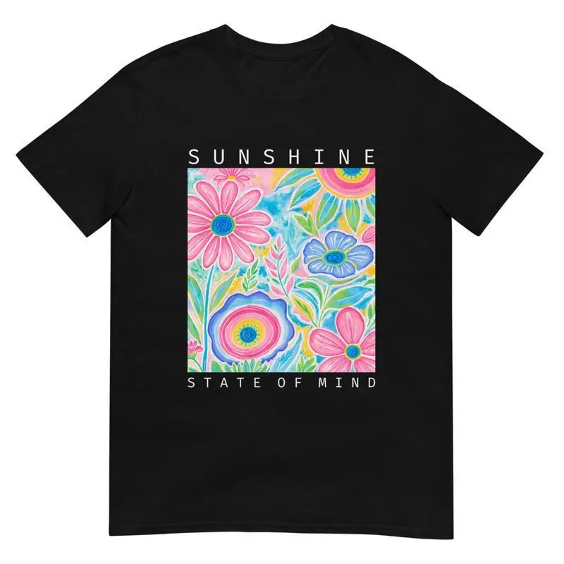 

Women's Sunshine State of Mind T-Shirt Colorful Floral Graphic Tee Positive Vibes Aesthetic Flower Lover Gift Top