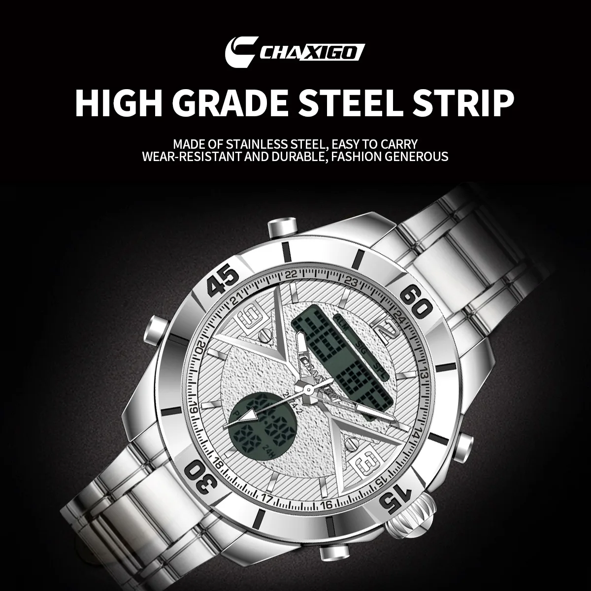 

CHAXIGO 3074, кварцевые мужские часы со стальной полосой и двойным дисплеем, многофункциональные светящиеся водонепроницаемые часы с хронографом для мужчин