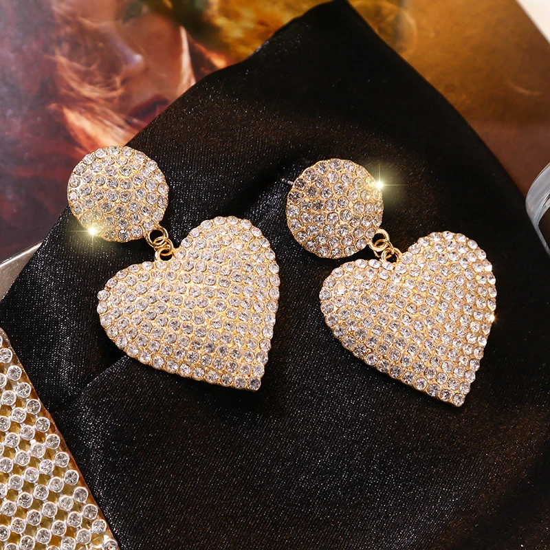 LATS New Heart Earrings Women\'s Luxurious Geometric Full Rhinestone Earrings Korean Gold Color Love 2020 Fashion Jewelry