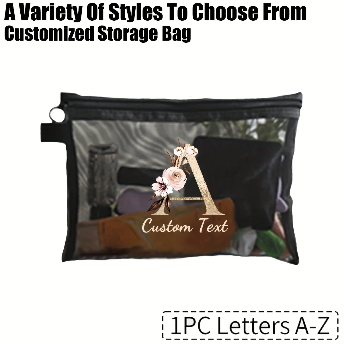Customizable Mesh Makeup Bag with Floral Letter Print Personalized Nylon Cosmetic Organizer for Travel Toiletries Stationery