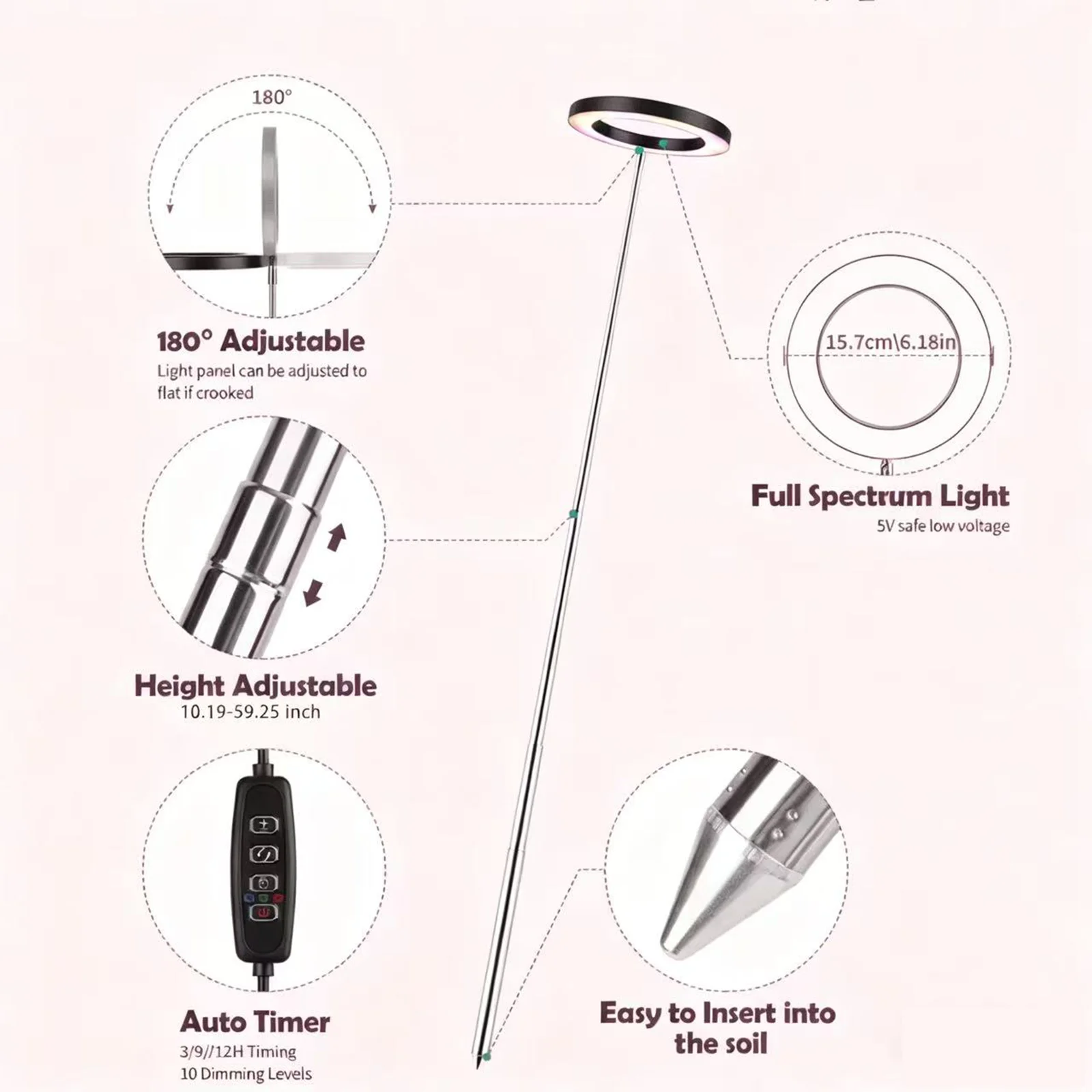 أضواء تنمو للنباتات الداخلية، ضوء نباتي LED كامل الطيف، ارتفاع قابل للتعديل، مؤقت 3/9/12 ساعة، 3 أوضاع طيفية، 10 مستويات عكس الضوء