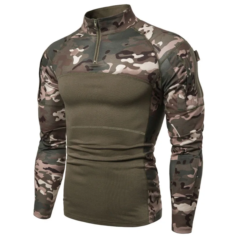 Tactical Tops Long sleeved T-shirt Men Zipper Pocket Clothing 2024 Men\'s Military T-shirt Outdoor Elastic Fitness Camo