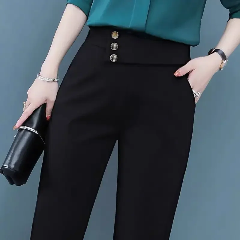 Spring and Autumn Women's Solid Color Elastic Waist Button Pocket Harun Loose Fit High Waist Straight Sleeve Fashion Pants L57