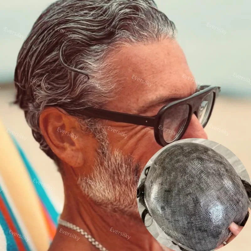 سوبر رقيقة الجلد 0.1 مللي متر-0.12 مللي متر Microskin كامل بولي Men الرجال الشعر المستعار 130% الكثافة 100% نظام استبدال الشعر البشري الشعرية الاصطناعية #1