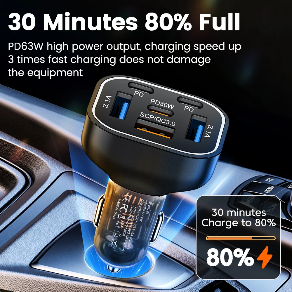 63W USB Car Charger Lighter Fast Charging QC3.0 for iPhone 6 Ports PD 3.0 Type C Car Phone Charger for Xiaomi Samsung Huawei