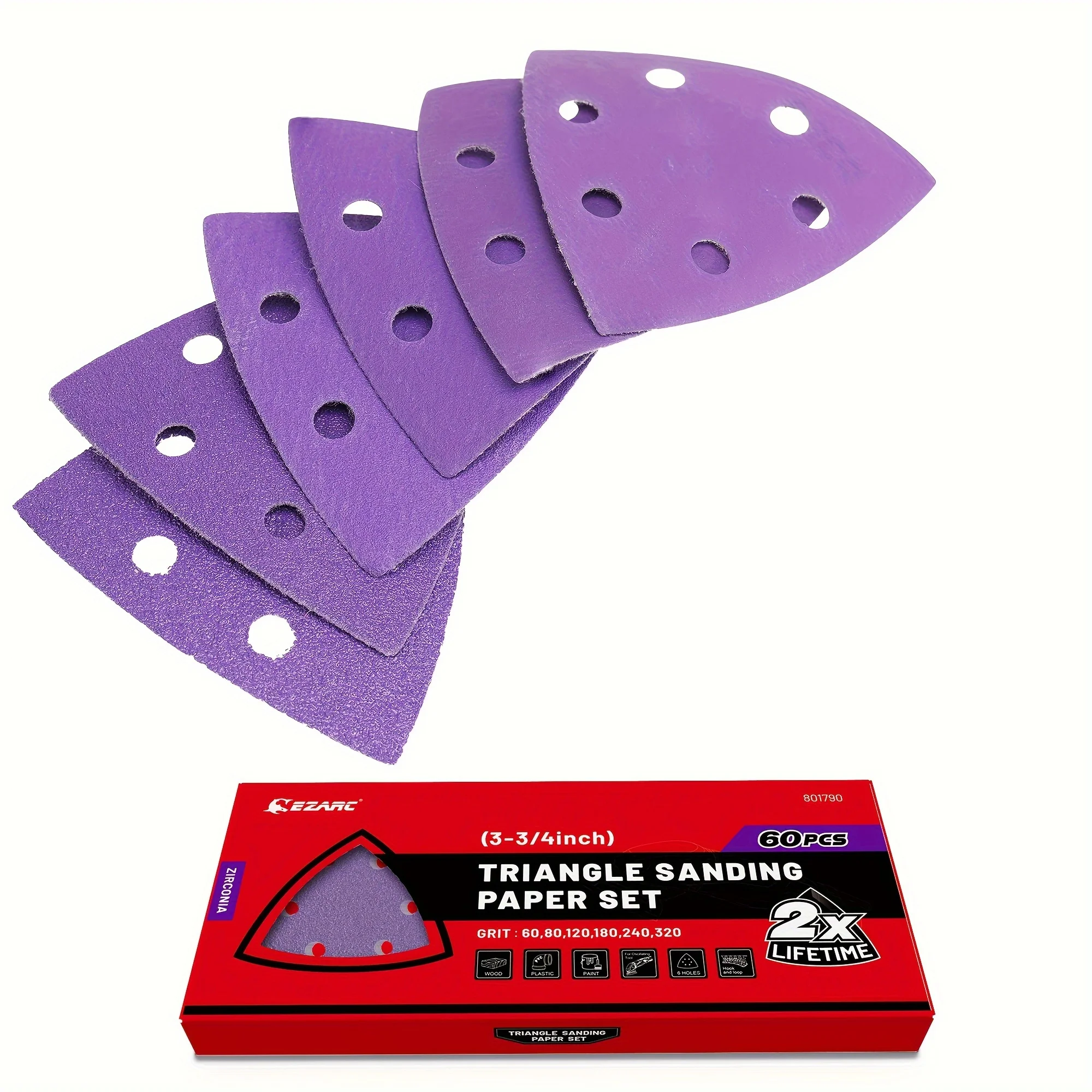 

EZARC 60PCS Triangle Sanding Paper, 3-3/4 Inch Triangular Sandpaper Hook and Loop Fit for Oscillating Multi Tool, Grinding Paper