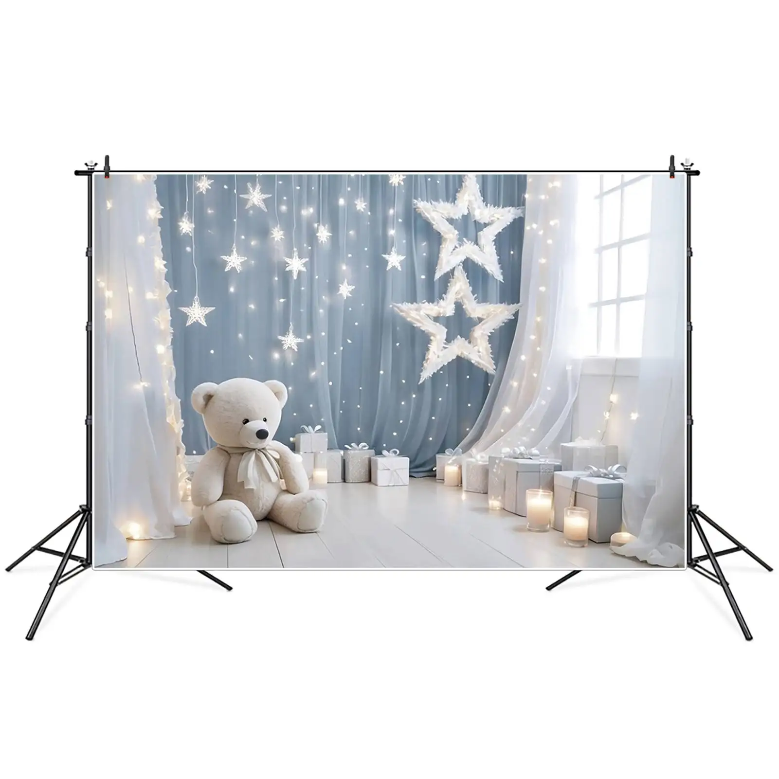 Moon.qg ดาวแสงฉากหลังวันเกิดครั้งแรกลูกบอลเทียนเด็กพื้นหลังตุ๊กตาหมีที่กำหนดเองตกแต่งปาร์ตี้อุปกรณ์ประกอบฉากการถ่ายภาพ