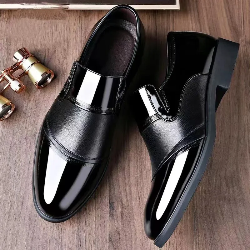 Black Patent PU Leather Shoes Slip on Formal Men Shoes Plus Size Point Toe Wedding Shoes for Male Elegant Business Casual Shoes