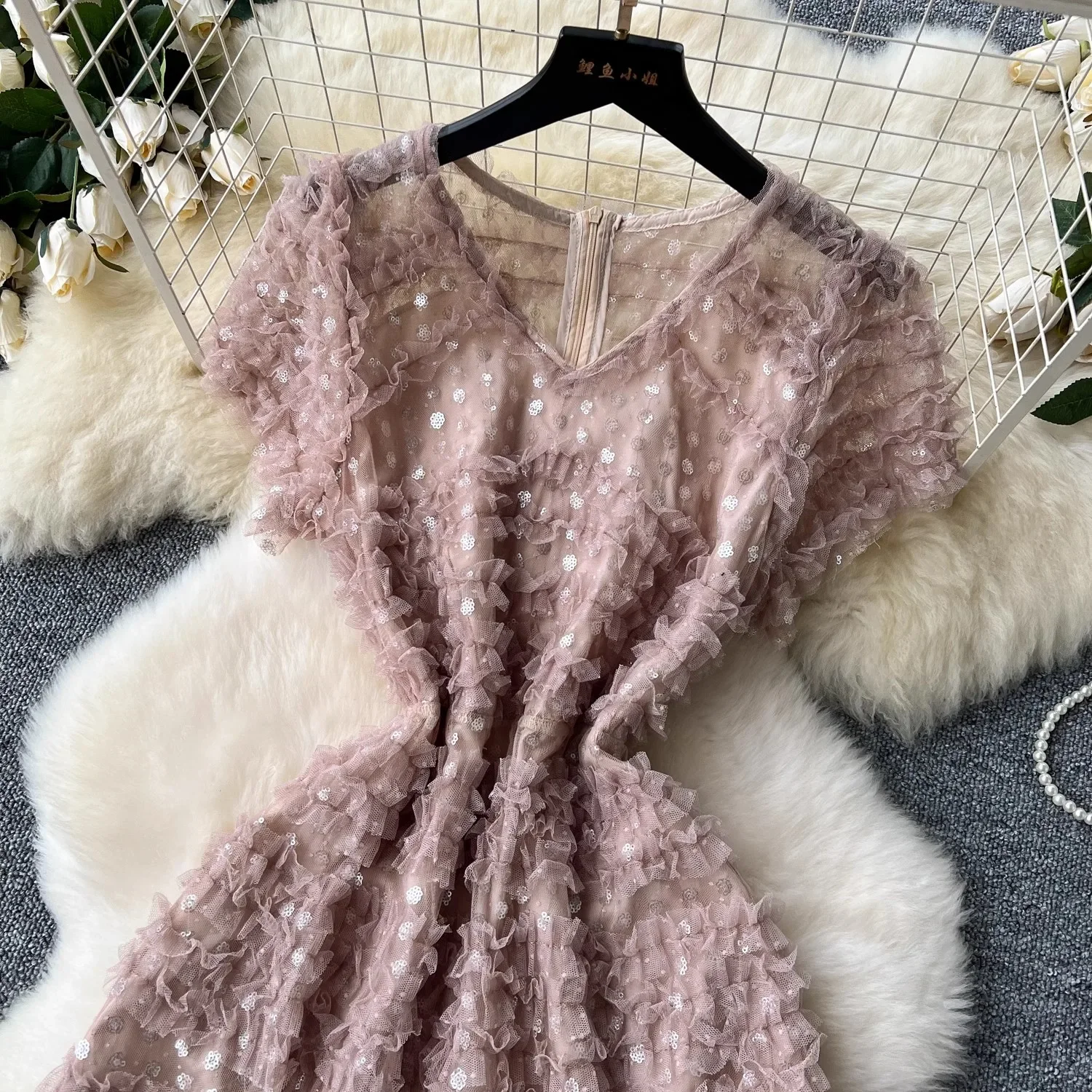 Vestido de renda damasco feminino lantejoulas bordado com decote em v design de pista vestidos de manga curta em camadas vestido bodycon festa de noite preto