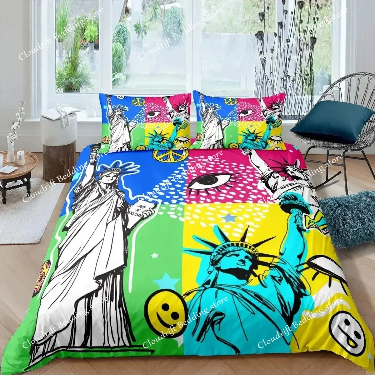 Statue of Liberty Duvet Cover Hip Hop Full Size Peace Sign Love Heart Bedding Set American Eyes Colorful Polyester Quilt Cover