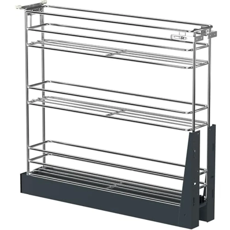

4 Inch Pull Out Spice Rack for 9 Inch Base Cabinet: Heavy Duty Steel, Matte Black, Fully Assembled 3-Tier Narrow Slide Out with