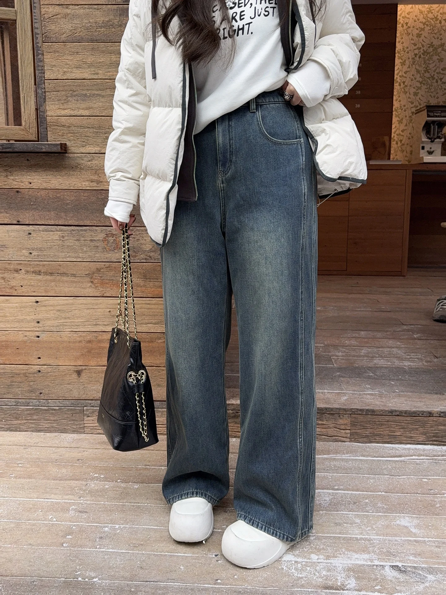 

Прямые хлопковые джинсы с высокой талией в стиле ретро, американские женские повседневные джинсы больших размеров, серия Faion Ice Island Sunset