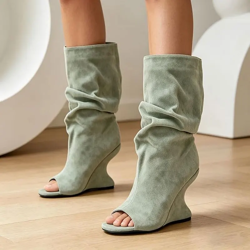 2026Spring and Summer New Style Pleated Pile Sleeves Fish Mouth Slope Heel Cool Boots for Women High Heels Short Boots