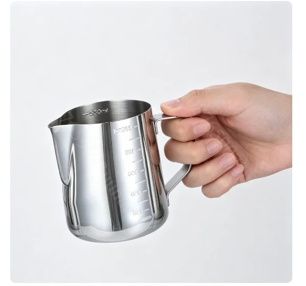 304 Stainless Steel Pointed Spout Latte Art Pitcher With Lid Graduated Measuring Cup Milk Frothing Jug Coffee Making Kitchen