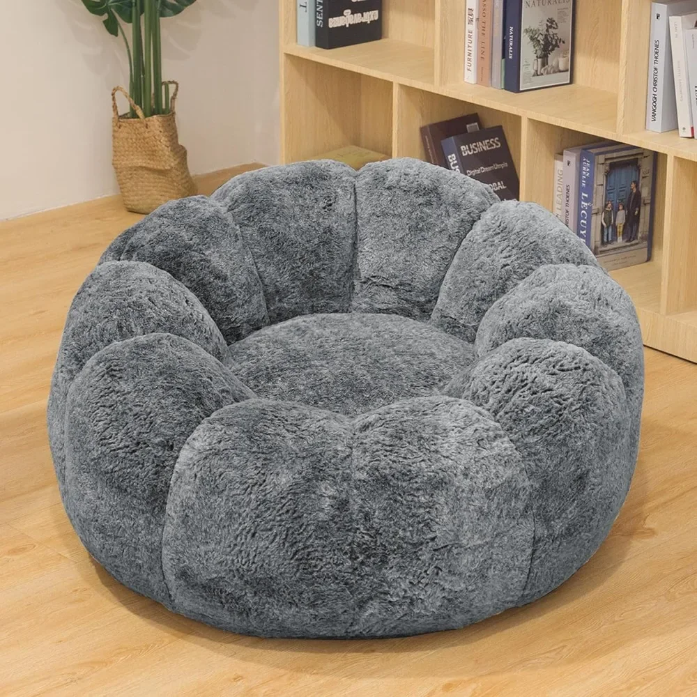 Chaise pouf moelleux avec rembourrage, chaise pouf en fausse fourrure, support à dossier bas, accoudoir pétale, adultes