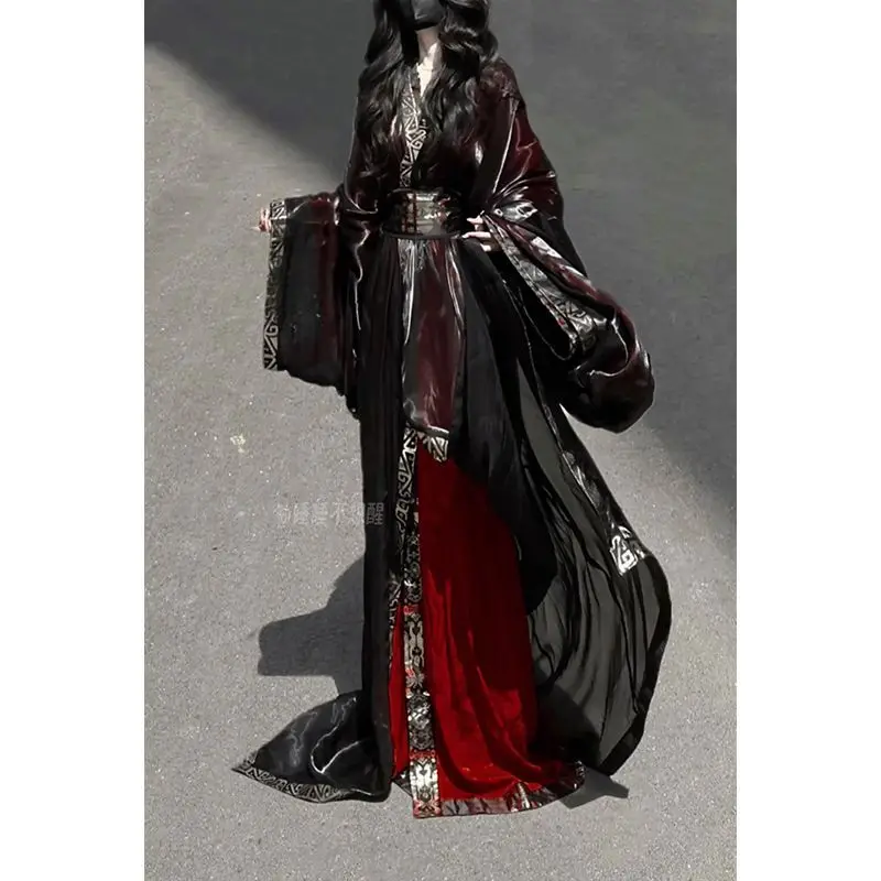 Black And Red Straight Shirt Woman Robe Set Black Han Dress Set Large Volume Tailed Hanfu Curved Train Hanfu Big Sleeve Shirt