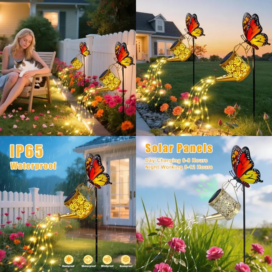 

Solar Lights Garden Decor, Mothers Day Gifts, Waterproof Solar Watering Can with Butterfly Garden Stakes, Outdoor Light with Ca