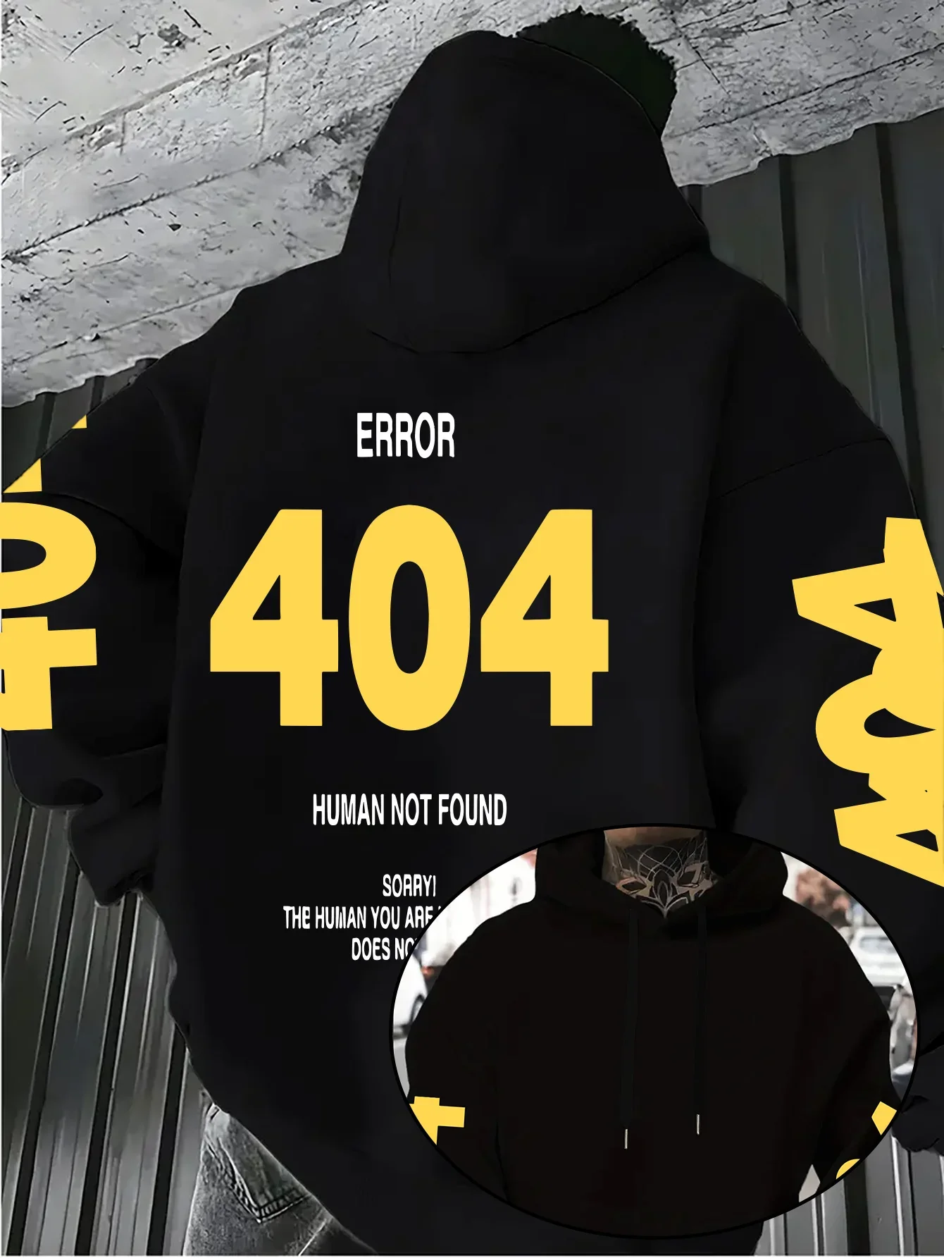 Men Back Large 404 Error Text Art Oversized Pullover Hoodie Fleece Lined Autumn Winter Trendy Mens Hooded Sweatshirt